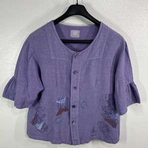 Vtg 90s BLUE FISH Art‎ to Wear Purple Hemp Blouse Size 0 Fits XL Lagenlook Boho